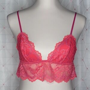 Neon Coral Pink Lace Bralette Crop Top Festival Feminine Summer Baddie Peignoir